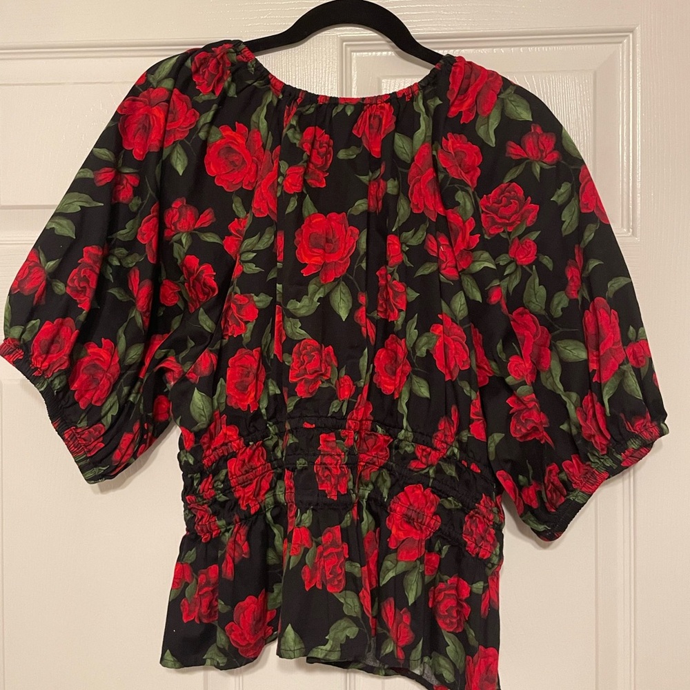 Floral Peplum Puff Sleeve Top - Black with Red Roses - Picture 3 of 3